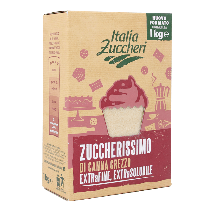 Confezione di Zuccherissimo di Canna Grezzo, il primo zucchero fine extrasolubile di canna