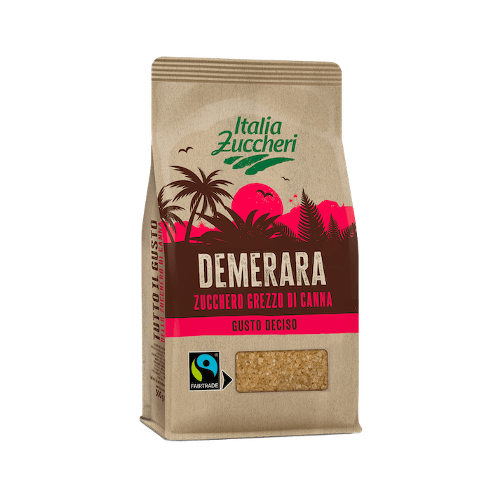 Demerara, zucchero grezzo di canna certificato Fairtrade dal gusto deciso, prodotto da Italia Zuccheri Confezione di Demerara, zucchero grezzo di canna certificato Fairtrade dal gusto deciso