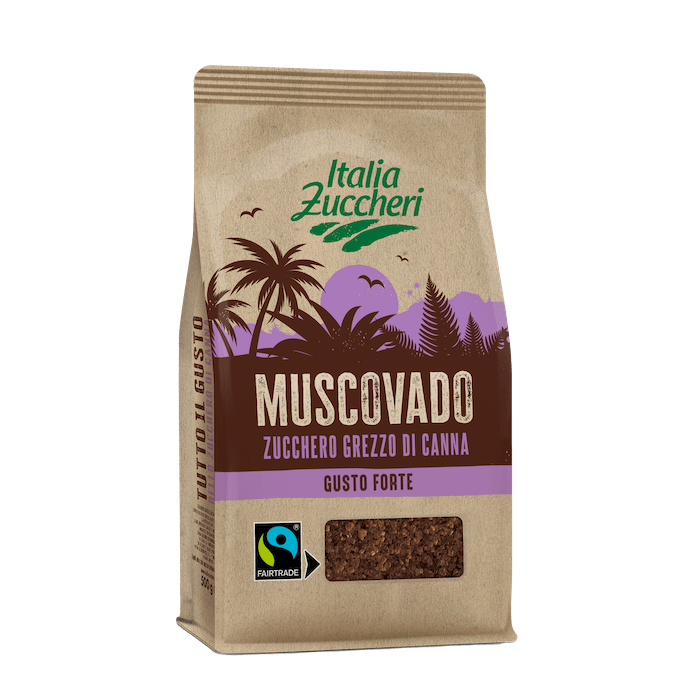 Muscovado, zucchero grezzo di canna certificato Fairtrade dal gusto forte, prodotto da Italia Zuccheri Confezione di Muscovado, zucchero grezzo di canna certificato Fairtrade dal gusto forte