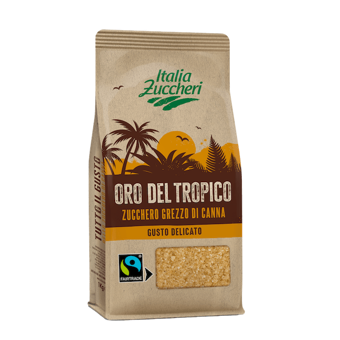 Confezione di Oro del Tropico, zucchero grezzo di canna certificato Fairtrade dal gusto delicato