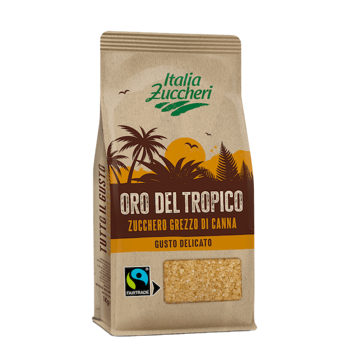 Oro del Tropico, zucchero grezzo di canna certificato Fairtrade dal gusto delicato, prodotto da Italia Zuccheri Confezione di Oro del Tropico, zucchero grezzo di canna certificato Fairtrade dal gusto delicato
